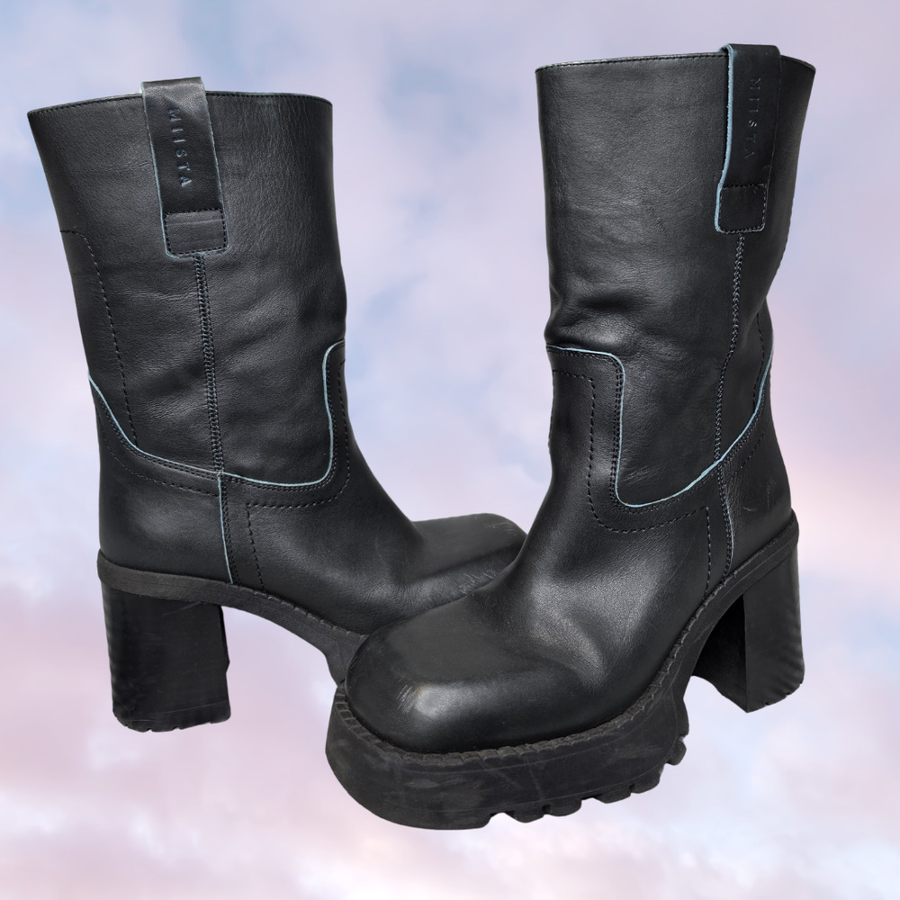 E8 Mista Daiane Black Chunky Square Toe Lugged Sole Heeled Boots Sz 7.5 38 EU